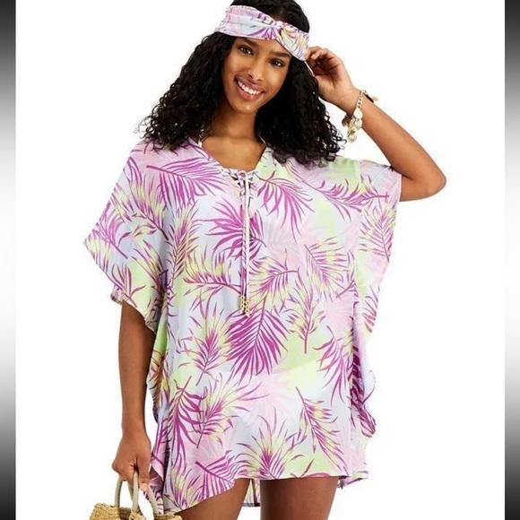 Miken PURPLE MULTI Lace-Up Caftan Cover-Up with Headband, US X-Small - Picture 1 of 5